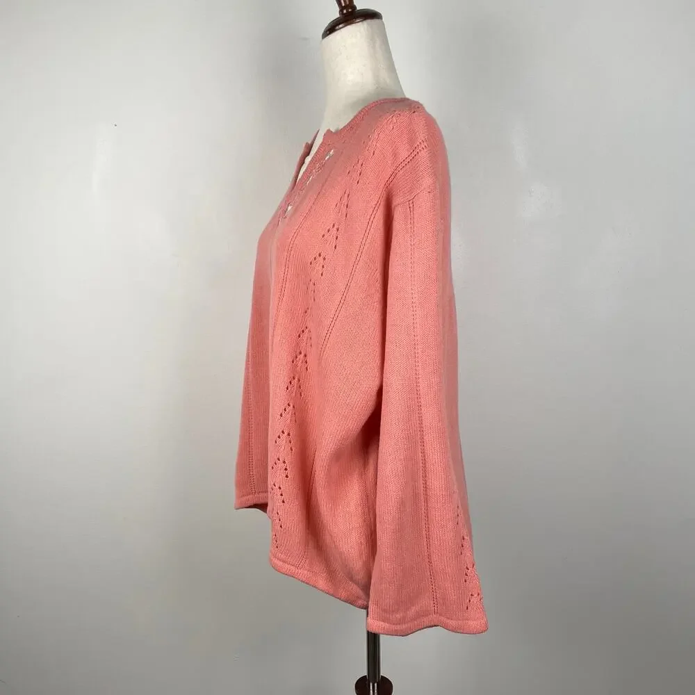 90s Vintage Floral Embroidered Coquette Sweater Peach Pink - Size 2X